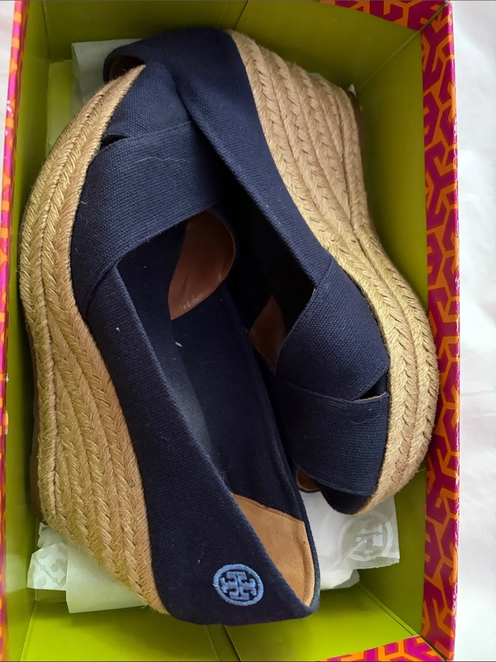 Tory Burch Pink and Orange Geometric Espadrille Box with Black Logo